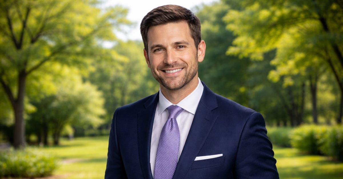 Adam Klotz standing outdoors in greenery wearing a suit