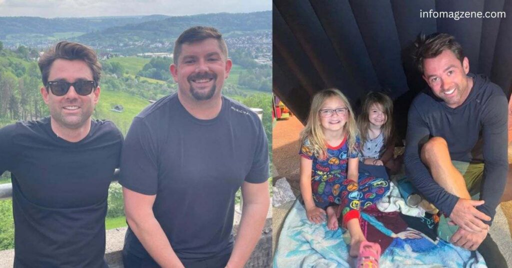 Adam Klotz with friends outdoors and sitting with children indoors in casual family moments.