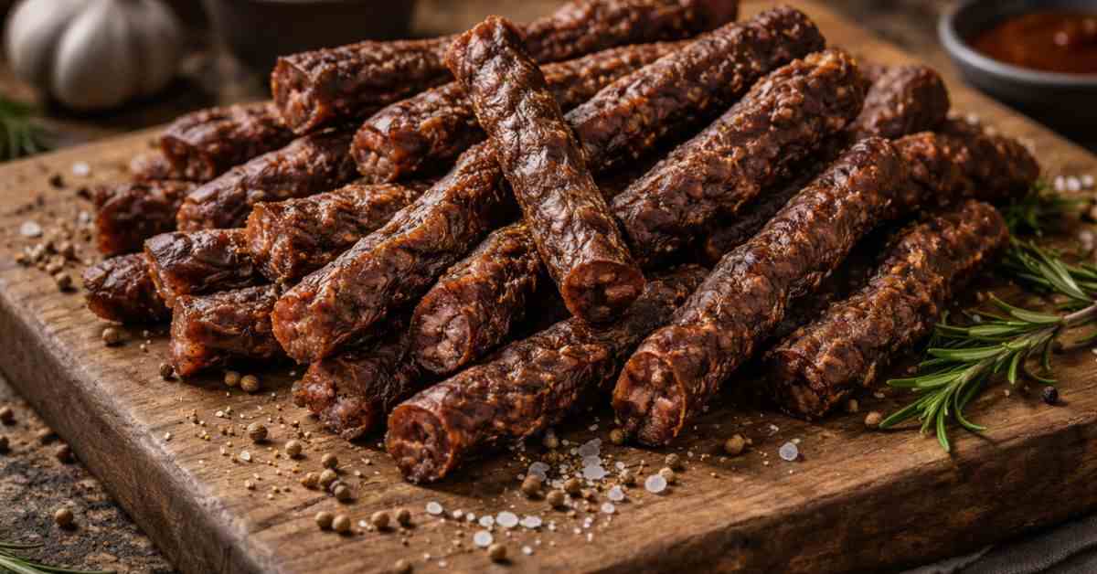 “Droewors dried sausage on wooden board”