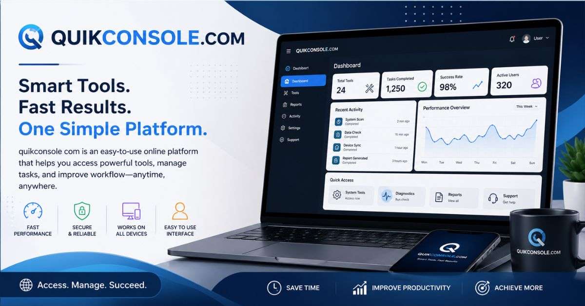 Modern tech dashboard banner for quikconsole com showing laptop interface, productivity tools, and clean blue UI design.