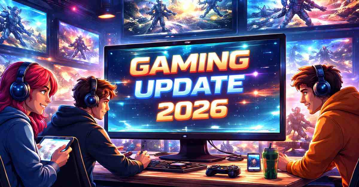 Gaming Update 2026 futuristic esports gaming scene with next-gen graphics and players.