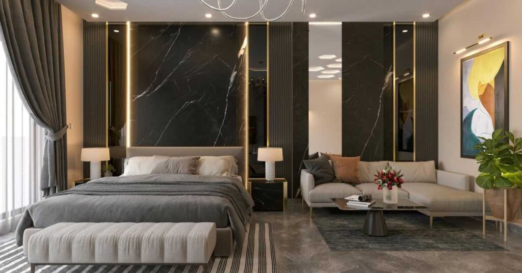 Modern luxury bedroom with stylish decor, marble wall, sofa, and soft lighting.