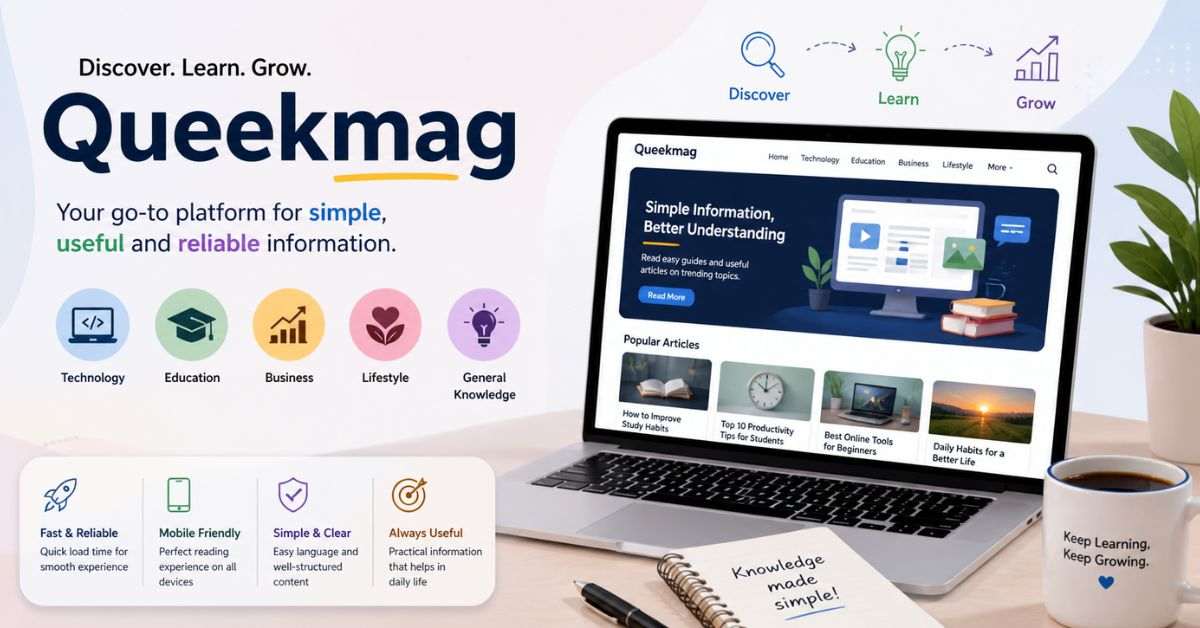 Modern Queekmag banner showing simple learning platform, categories, fast speed, and mobile-friendly design