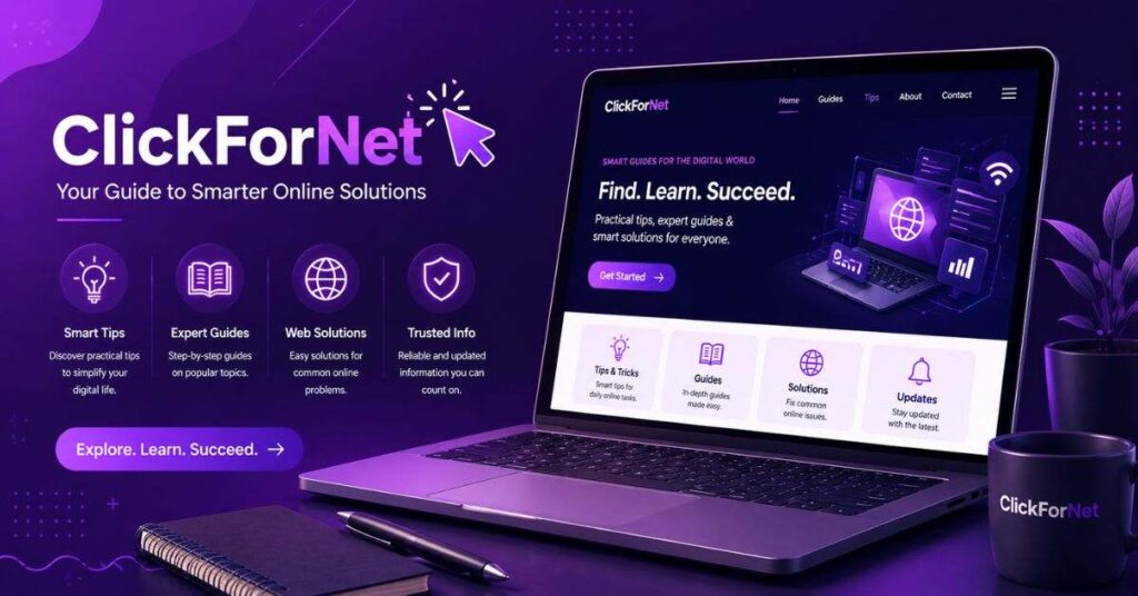 Modern purple tech workspace banner for ClickForNet with laptop, digital UI elements, and online guide theme
