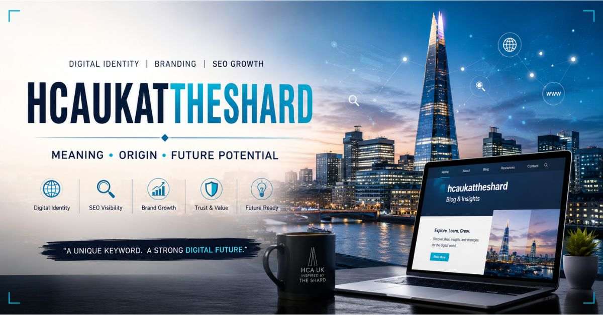 Futuristic digital marketing banner showing hcaukattheshard branding, SEO growth and city skyline.