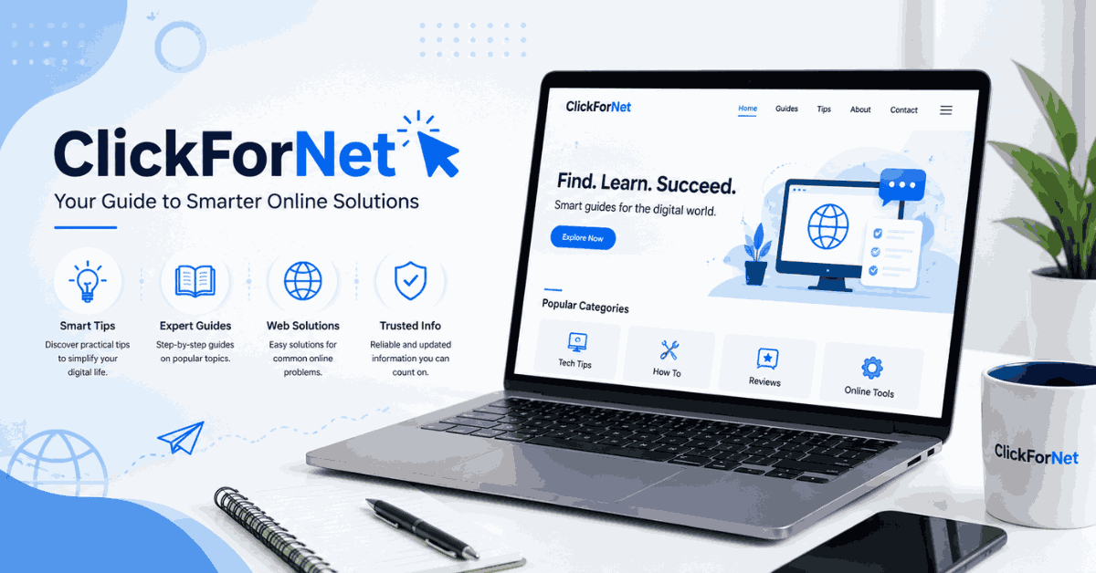 Purple ClickForNet website banner with laptop, glowing UI icons, and smart digital solutions theme